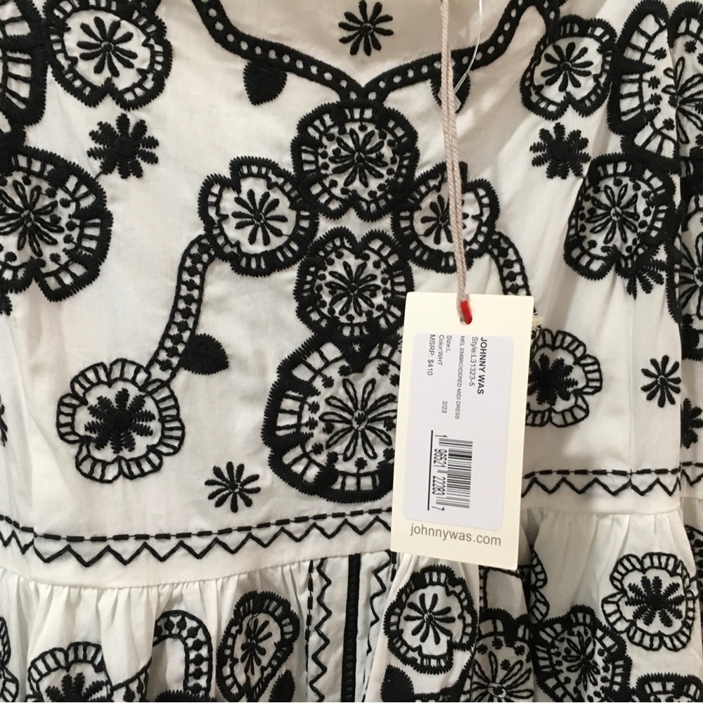 Johnny Was Womens L Mel Embroidered Midi Dress White Black Cotton Boho Parisian - Picture 8 of 9